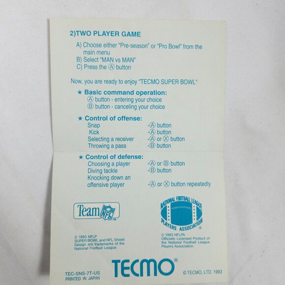 Tecmo Super Bowl SNES Super Nintendo Instruction Manual Booklet + QR Card ONLY - Picture 8 of 8